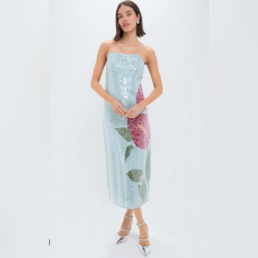 Like New! Farm Rio Anthurium Flowers Blue Slip Maxi Dress